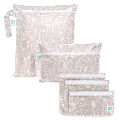 Bumkins - Waterproof Wet Bag, Wet/Dry Clutch & Clear Travel Bags - For Beach, Baby, Travel, Cloth Diapers, Pump Parts, Pool, Gym, Toiletries - Reusable & Easy to Clean - Boho Beige - 5 Pack - color: A1 Boho Beige 5pc