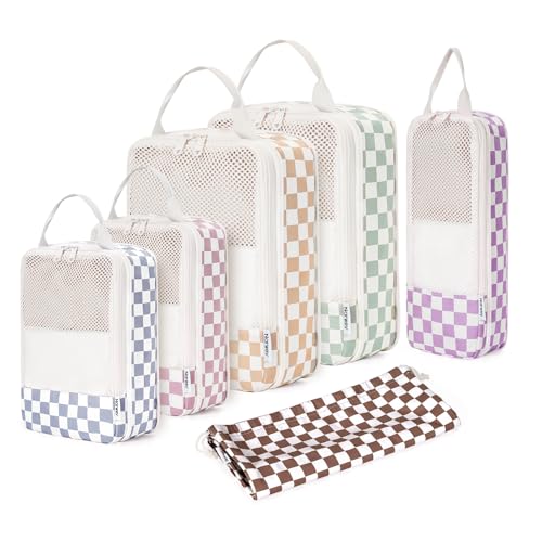 Narwey 6 Set Compression Packing Cubes for Travel Women Men, Travel Cubes for Carry On Suitcase, Durable Compression Luggage Organizer Bags - color: ZA-Mix Checkerboard