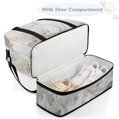 Travel Duffel Bag Gray White Marble Style Weekender Bag with Shoe Compartment Foldable Overnight Bags for Travel Sports Lightweight Gym Bags for Men Women - color: Gray White Marble Style