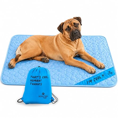 INSPECTOR TAIL Dog Cooling Mat - No Freeze Needed, Self-Cooling Pad for Giant Dogs, Washable Portable for Crate Kennel Car Sofa Bed Floor, Indoor Outdoor Summer Use, 59"x39" with Carry Bag - size: Blue- 59" x 39"