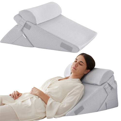 Bedluxe 3Pcs Orthopedic Bed Wedge Pillow Set, Foam Wedge Pillow Post Surgery for Back, Leg and Knee Support, Adjustable 9&12 Inch Folding Triangle Pillow for Sleeping, Acid Reflux, Snoring, Light Grey - color: Light Grey, size: Adjustable 9&12 Inch + 1 He