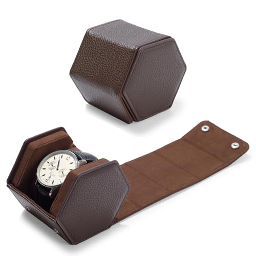 Oirlv Luxury Hexagonal Leather Watch Travel Case Single Watch Box for Men Portable Jewelry Storage Roll Organizer(1-Slot,Brown) - color: Brown, size: 1-Slot