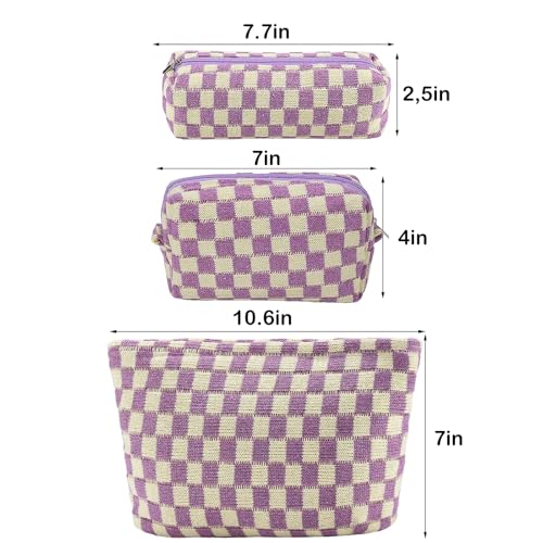 ZLFSRQ 3Pcs Checkered Makeup Bag for Women Large Small Checkered Cosmetic Bag Set Aesthetic Preppy Pencil Case Cute Pencil Pouch Purple Makeup Pouch for Purse Travel Toiletry Bags Zipper Skincare Bags - color: B-Checkered 3Pcs Mix Purple