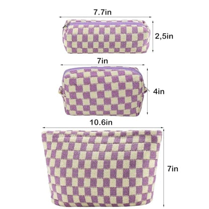 ZLFSRQ 3Pcs Checkered Makeup Bag for Women Large Small Checkered Cosmetic Bag Set Aesthetic Preppy Pencil Case Cute Pencil Pouch Purple Makeup Pouch for Purse Travel Toiletry Bags Zipper Skincare Bags - color: B-Checkered 3Pcs Mix Purple