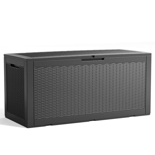 100 Gallon Outdoor Deck Box, Lockable Waterproof Outdoor Storage Boxes For Garden Tools,Indoor Cushions,Accessories Outside Storage Resin Weatherproof Container(Black) - color: Black, size: 100 Gallon