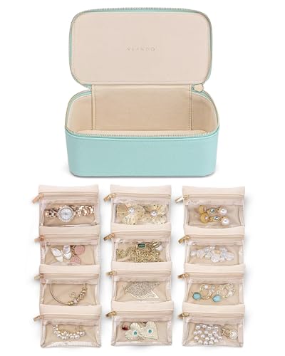 VLANDO Jewelry Travel Case,Travel Jewelry Organizer with Clear Velvet Jewelry Bags 12Pcs Zipper Pouch for Women Girl Trendy Stuff Gift-Lake Blue - color: D.12PCS Lake Blue