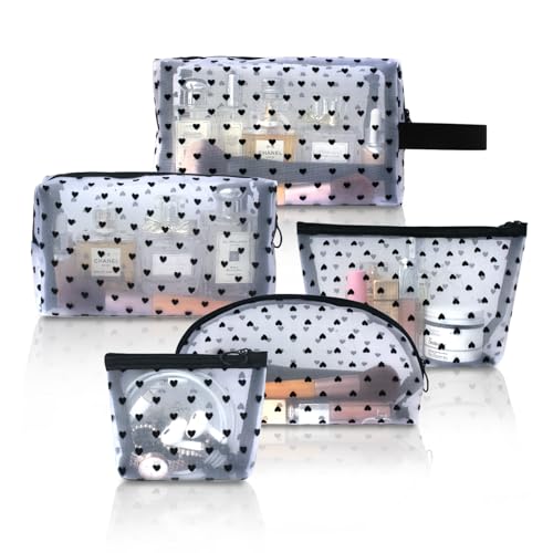5-Piece Heart Printed Mesh Makeup Bag Set, Portable Travel Cosmetic Toiletry Purse Bags, Zipper Storage Pouches for Home Offices Travel Accessories (White) - color: White, size: 5PCS