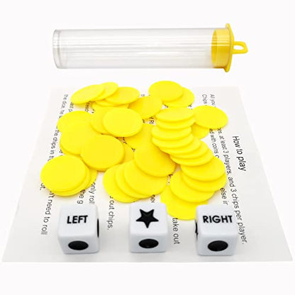 Ahoper Left Right Center Dice Game Prime Set Bundle with 3 Dices + 36 Chips. Round Tube Storage is Very Convenient for Travel. Easy to Store, Carry Around. (Yellow) - color: Yellow