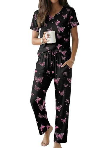Ekouaer 2 Piece Womens Pajamas Short Sleeve Top and Long Pants Pjs Set Printed Sleepwear with Pocket - color: Black Butterfly, size: XX-Large