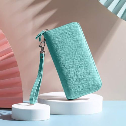 Moflycom Womens Wallet RFID Blocking Genuine Leather Zip Around Wallet Clutch Wristlet Travel Long Purse for Women - color: Teal Blue