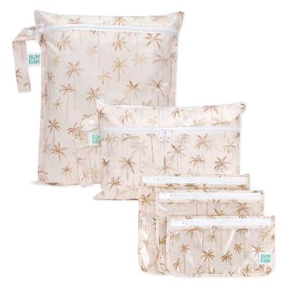 Bumkins - Waterproof Wet Bag, Wet/Dry Clutch & Clear Travel Bags - For Beach, Baby, Travel, Cloth Diapers, Pump Parts, Pool, Gym, Toiletries - Reusable & Easy to Clean - Palm Trees - 5 Pack - color: A2 Palm Trees 5pc