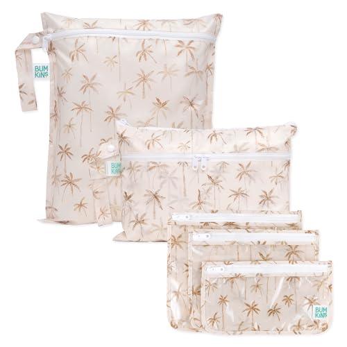 Bumkins - Waterproof Wet Bag, Wet/Dry Clutch & Clear Travel Bags - For Beach, Baby, Travel, Cloth Diapers, Pump Parts, Pool, Gym, Toiletries - Reusable & Easy to Clean - Palm Trees - 5 Pack - color: A2 Palm Trees 5pc