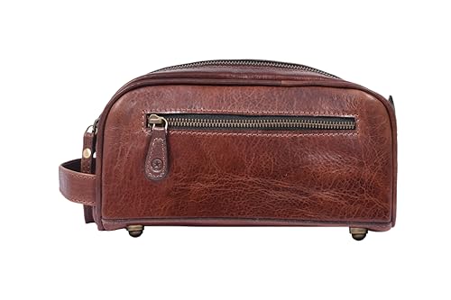 10" Premium Leather Toiletry Travel Pouch With Waterproof Lining | King-Size Handcrafted Vintage Dopp - Kit Gift for Father's Day By Aaron Leather Goods - color: Bone Brown