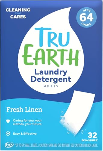 Tru Earth Compact Dry Laundry Detergent Sheets - Up to 64 Loads (32 Sheets) - Paraben-Free - Original Eco-Strip Liquidless Detergen - Fresh Linen | Packaging May Vary - size: 32 Count (Pack of 1)