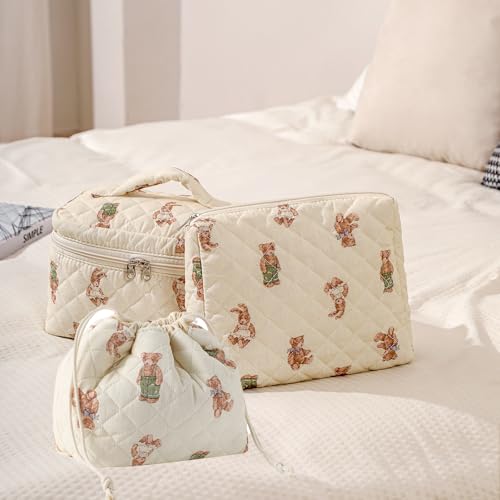 3pcs Large Cotton Quilted Makeup Bag Set,Coquette Aesthetic Cute Travel Toiletry Bag,Drawstring Gift Bag for Women and Girls(3Pcs White Bear) - color: 3Pcs White Bear