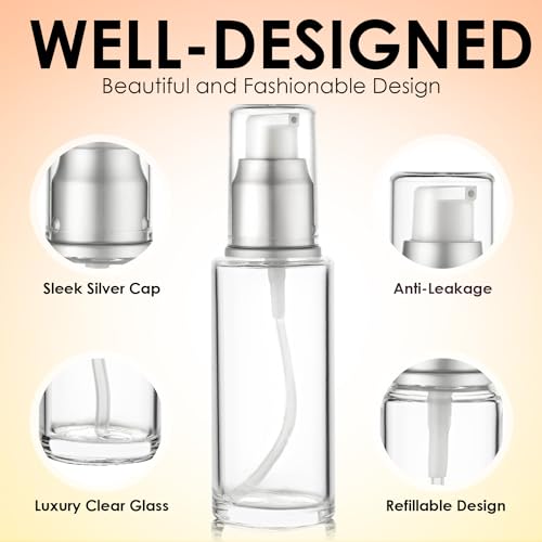 VitalUp 1.7 Oz 50ml Refillable Luxury Clear Glass Lotion Travel Pump Bottle with Silver Cap for Cosmetics, Lotion, Body Cream, Sanitizers, Cream, Foundation (Pack of 2) - size: 50 ml (2 Pack)