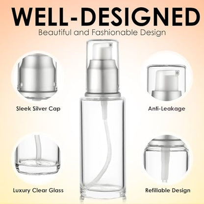 VitalUp 1.7 Oz 50ml Refillable Luxury Clear Glass Lotion Travel Pump Bottle with Silver Cap for Cosmetics, Lotion, Body Cream, Sanitizers, Cream, Foundation (Pack of 2) - size: 50 ml (2 Pack)