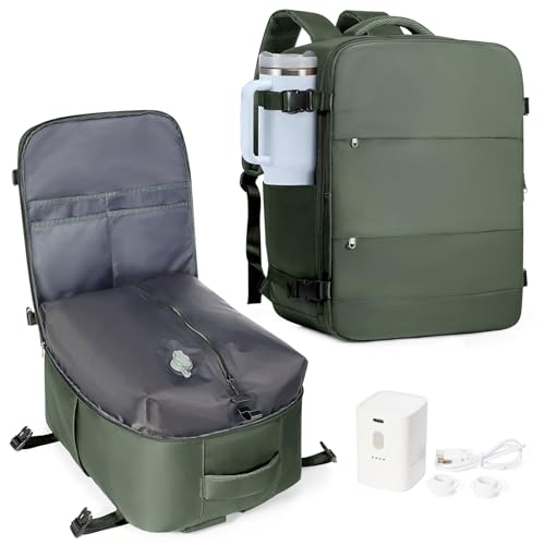 coowoz Vacuum Backpack Travel with Pump,Travel Backpack with Vacuum System For Women Men,Carry On Backpack,Hiking Backpack Waterproof Outdoor Sports Rucksack Casual Daypack,33L(Vacuum pump) - color: A1-olive Green, size: 33l