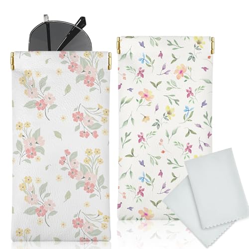 Glasses Case Soft, Eyeglass Cases for Women Portable Squeeze Top PU Leather 2 Pack Glasses Pouch with Cleaning Cloth - color: 2pcs Flower Print