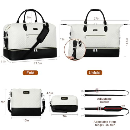 ITIEZY Weekender Overnight Bag for Women - Large Travel Duffel Bag with Shoe Compartment, Gym Duffel Bag Hospital Bag Carry On Tote Bags for Airplanes with Crossbody Bag Toiletry Bag 3Pcs Set - color: 6-Off White