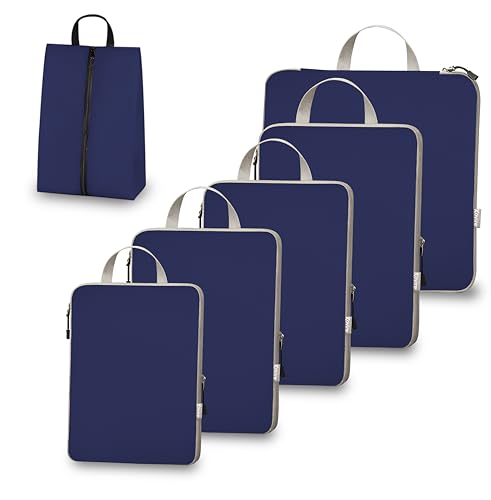 Compression Packing Cubes for Travel, Set of 6 Expandable Luggage Organizers with Shoe Bag, Lightweight Water-Resistant Suitcase Essentials for Carry-on & Checked Luggage, Blue - color: Blue, size: Set of 6