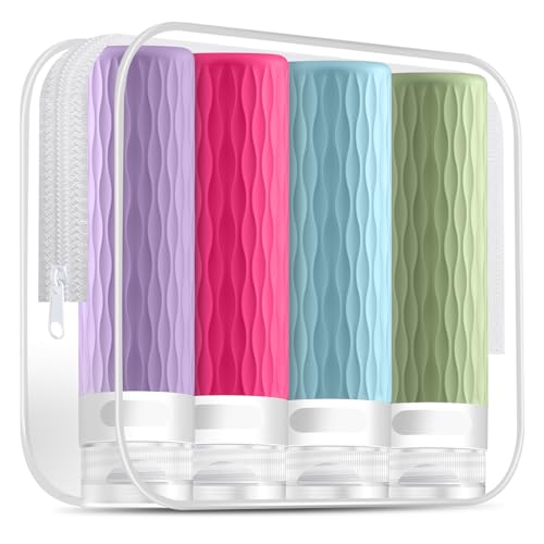 Travel Bottles for Toiletries, TSA Approved 3.4oz Travel Size Containers, BPA Free Leak Proof Silicone Traveling Bottles, Refillable Travel Essentials Kits for Shampoo Conditioner(4 Pack)-C - color: Lavender,HotPink,SkyBlue,Avocado