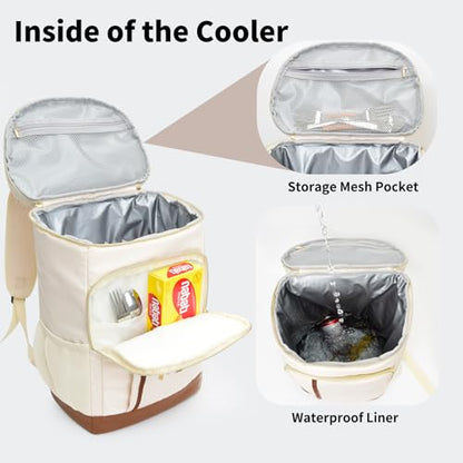 Cooler Backpack Insulated Waterproof 35 Cans,Two Compartments Backpack Cooler,Lightweight Back Pack for Women/Men - color: Creamy White