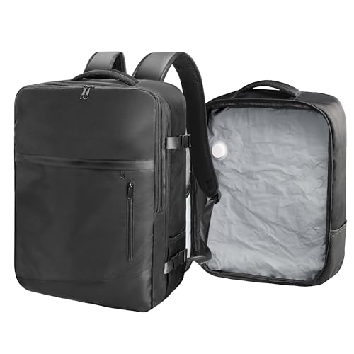 SUOCO Travel Backpack with Vacuum Bag, 70L Seal Compression Air Vac Back Pack with Travel Pump, Carry On Suitcase Luggage Flight Approved for Men Women Personal Item, Black