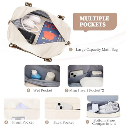 Weekender Bags for Women,Personal Item Travel Bag with Shoes Compartment,Overnight Travel Duffel Bag with Toiletry Bag,Medium - color: Beige & Brown, size: Medium