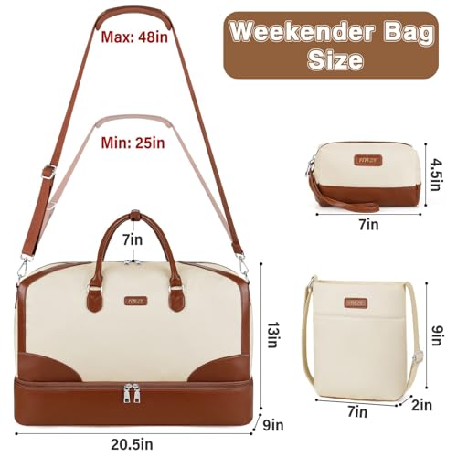 ITIEZY Weekender Overnight Bag for Women - Large Travel Duffel Bag with Shoe Compartment, Gym Duffel Bag Hospital Bag Carry On Tote Bags for Airplanes with Crossbody Bag Toiletry Bag 3Pcs Set - color: 9-Beige