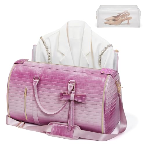 Garment Bags for Travel, 2-in-1 Convertible Travel Garment Duffle Bag for Women, Foldable Carry On Garment Bag with Shoe Compartment & Toiletry Pocket, PU Leather Weekender Bag, Pink-White - color: Pink-White