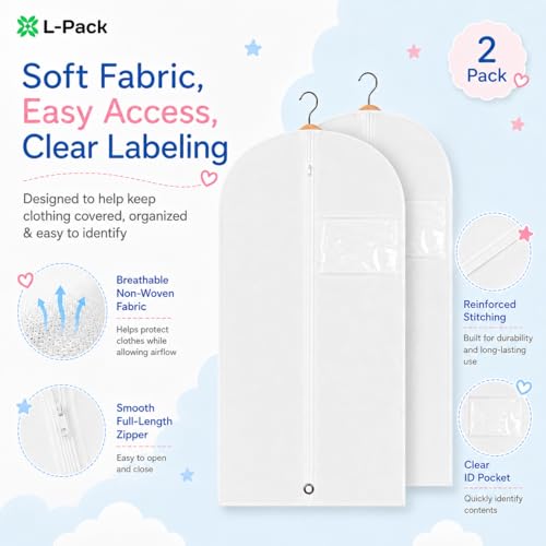 Kids Garment Bag 2 Pack for Hanging Clothes, Travel Garment Bags for Dresses, Dance Costumes & Suits, Breathable Clothes Cover for Baby Toddler Child,White, 30" x 18" - color: White 2 Pack