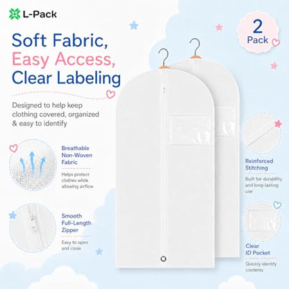 Kids Garment Bag 2 Pack for Hanging Clothes, Travel Garment Bags for Dresses, Dance Costumes & Suits, Breathable Clothes Cover for Baby Toddler Child,White, 30" x 18" - color: White 2 Pack