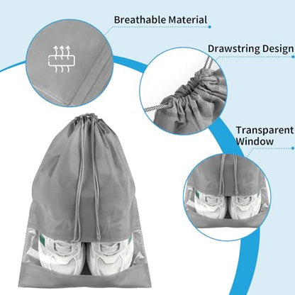 Large Gray Travel Shoe Bags - 10 Pcs with Clear Window, Non-Woven Drawstring, 12.6" X 17.3" for Men Women - color: Grey, style: 10 Pack