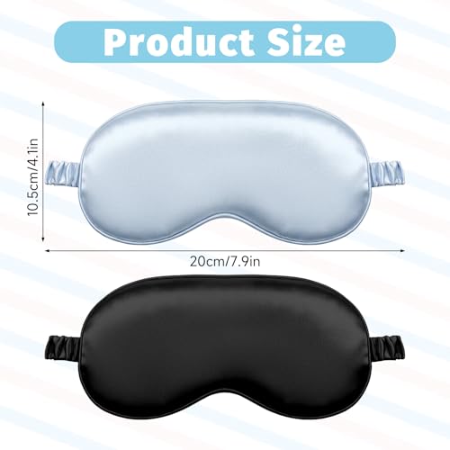 2Pcs Silk Sleeping Mask, Soft Breathable Blackout Eyeshade Comfortable Adjustable Satin Eye Shade for Women Sleep Travel Nap Bridesmaid Gifts (Blue, Black)