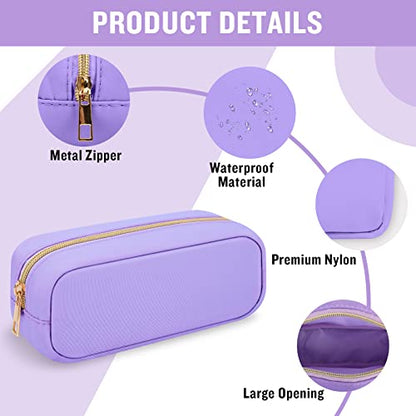 Preppy Nylon Makeup Bag, Slim Compact Pouch - Waterproof Zipper for Travel, Teens & Women (Purple) - color: Purple, size: Slim