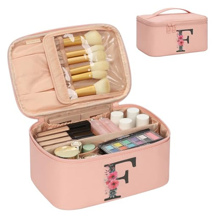 OCHEAL Initial Makeup Bag,Monogram Make up Bag Pink Travel Makeup Organizer Case Beauty Toiletry Cosmetic Bag with Brush Holder, Trendy Stuff Personalized Gifts for Women and Girls-F - color: Pink, style: F