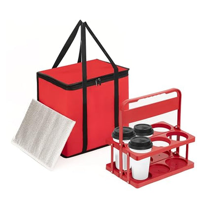 Reusable 6 Cup Drink Carrier with Handle and Insulated Food Delivery Bag, Portable Plastic Cup Caddy, 26L Grocery Cooler Box for Car Delivery, Travel, Picnic - color: Red
