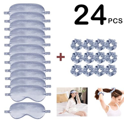 24Pcs Satin Eye Mask Silk Sleep Masks Silky Eyes Cover Blackout Blindfold Eyeshade Scrunchies Hair Ties Travel Wedding Gift - color: Evergreen