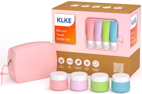 23-Piece All-in-One Silicone Travel Bottles Set – TSA Approved Leakproof Toiletry Kit with Double Bags, Flat Easy-Squeeze Bottles with Tactile Icons, Cream Jars, Pump & Spray, Cleaning Brush - color: 23B-Pink, size: 23