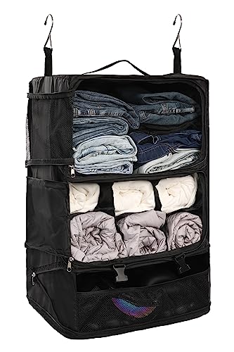 ELEZAY Hanging Packing Cubes Portable Closet 3-Shelf Travel Collapsible Compression Garment Organizer for Carry-on Luggage Suitcase Space Saver Bag XX-Large_No Side Pockets, Black - color: Black, size: XX-Large_16*12*24 IN