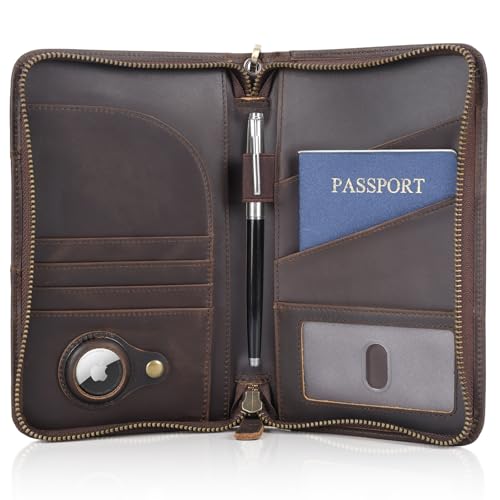 Polare Full Grain Leather Passport Holder With YKK Zipper RFID Blocking Travel Document Organizer Ticket Holder Cover Case Holds 2 Passports (Dark Brown with AirTag Slot) - color: Dark Brown with AirTag Slot