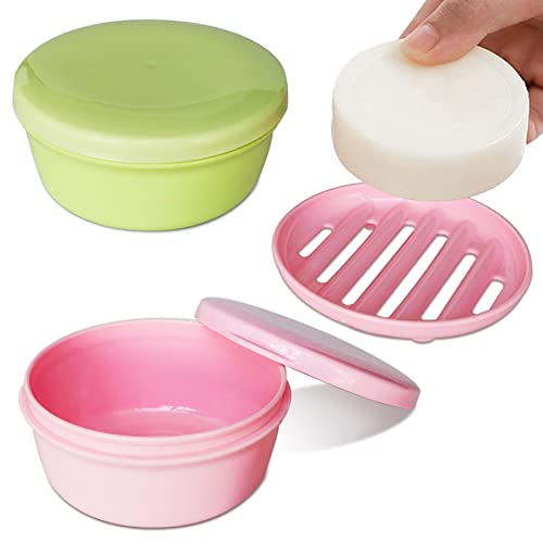 2 Pack Portable Round Soap Dishes, Plastic Soap Container with Lid Leak-Proof Drain Soap Box Holder Soap Container for Home Traveling Outdoor Hiking Camping Gym (Green + Pink) - color: Green+pink