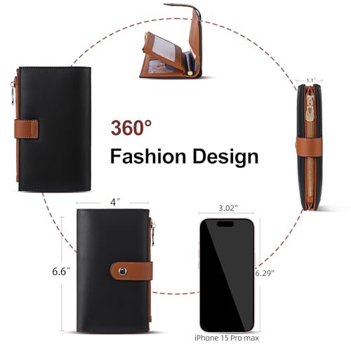 yiijay Wallet Women RFID Blocking Multi Cards Wallet Credit Card Holder for Women Large Capacity Lady Leather Trifold Travel Wallet with Pen Holder - color: 2Black&Brown