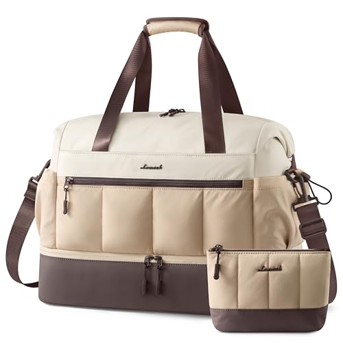 LOVEVOOK Travel Duffel Bag, Weekender Bags for Women, Large Overnight Bags with Shoe Compartment, 38L Carry on Gym Hospital Bag with Wet Pocket, 2 Pcs - color: Light Apricot-Coffee-Beige, size: Large-2 Pcs