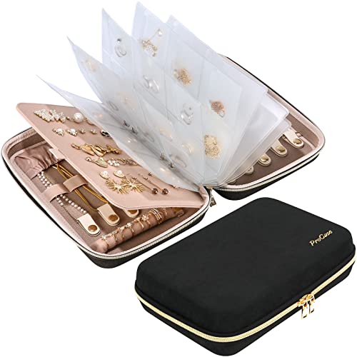 ProCase Large Travel Jewelry Organizer Case, Jewellery Home Storage Book Ring Binder with Clear Pockets for Presentation, Zippered Pouch Bag for Earrings Necklaces Bracelets -Black - color: Black, size: Large, Loose-leaf