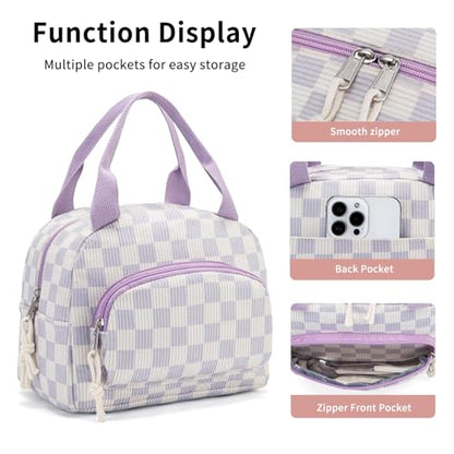 Lunch Bag Women Lunch Box for Women Adult Cute Insulated Lunch Bag Small Cooler Lunch Tote Bags for Work Picnic Travel(Beige-Purple Plaid) - color: Beige-Purple Plaid