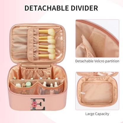 OCHEAL Initial Makeup Bag,Monogram Make up Bag Pink Travel Makeup Organizer Case Beauty Toiletry Cosmetic Bag with Brush Holder, Trendy Stuff Personalized Gifts for Women and Girls-E - color: Pink, style: E