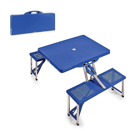 Picnic TIME Portable Folding Picnic Table with Seats for 4, Collapsible Aluminum Table with Benches & Umbrella Hole, Lightweight Foldable Table for Camping, Travel, Backyard, Tailgating | with Umbrella Hole - color: Royal Blue