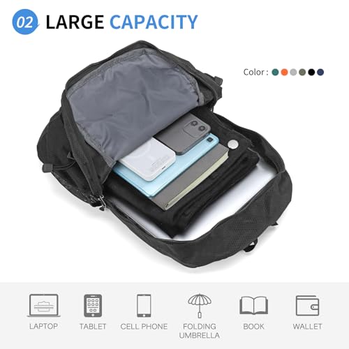Hiking Daypack Packable, Camping Backpack Water Resistant Lightweight Polyester for Men Women Travel Outdoor - color: Black